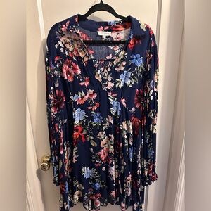 Umgee floral tunic dress navy blue floral print, long sleeves ruffled cuffs XL
